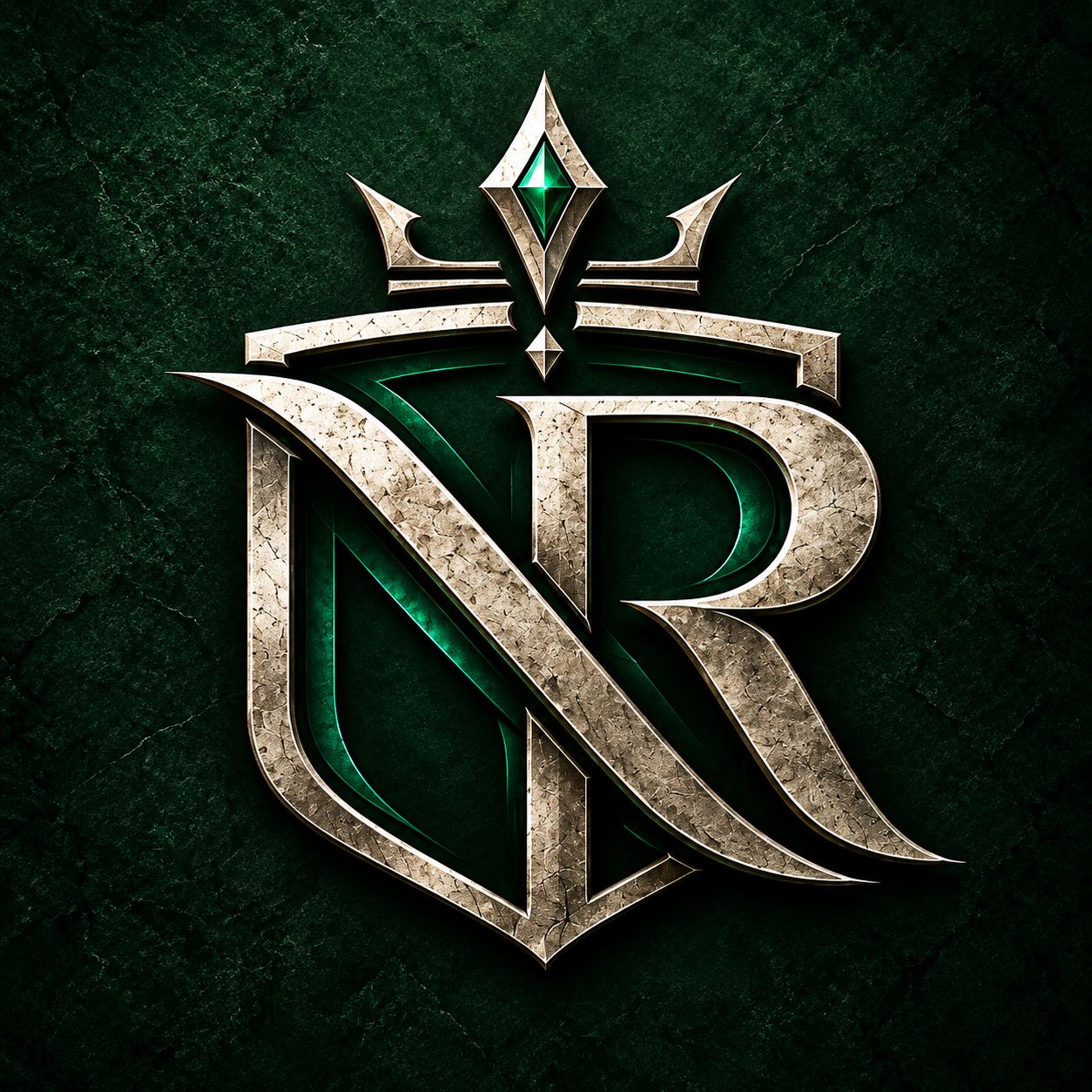 The Nos Regnum emblem: the letters N and R joined within a crowned shield, in weathered silver with an emerald gem.